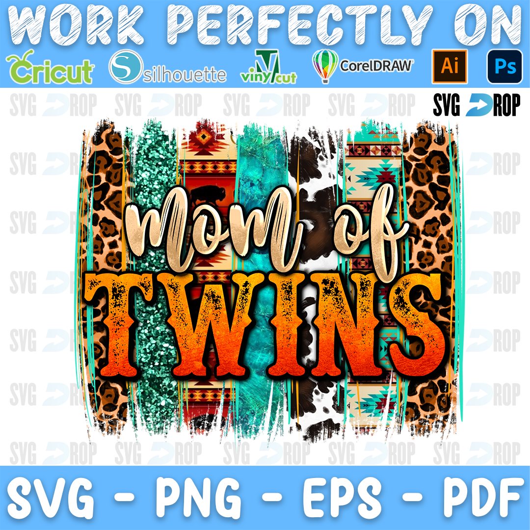 Mom of Twins lettering in gold script and orange glitter letters on Aztec, turquoise, leopard and cowhide brushstrokes. Sublimation PNG