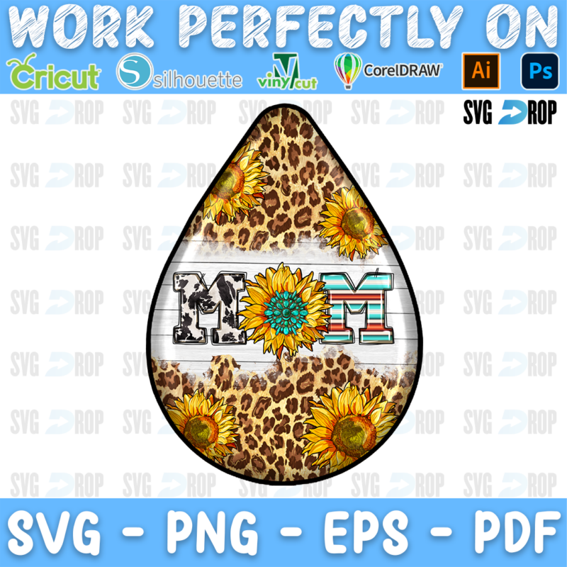 A teardrop shaped mom design: Mom in cowhide and turquoise letters with a sunflower as the O, on leopard print with sunflowers. Sublimation PNG