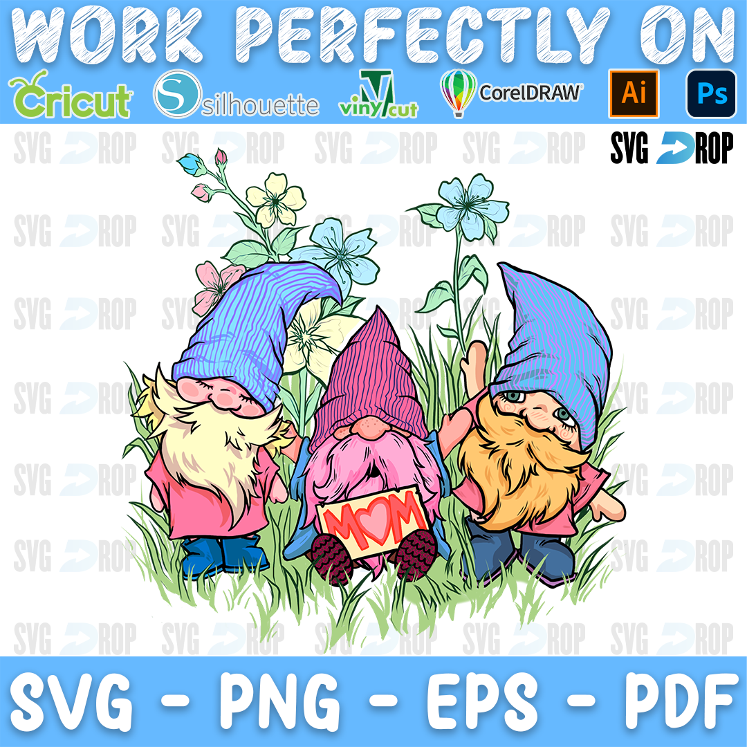 Three Mother's Day gnomes in pink and blue with a Mom sign, flowers and grass. Sublimation PNG