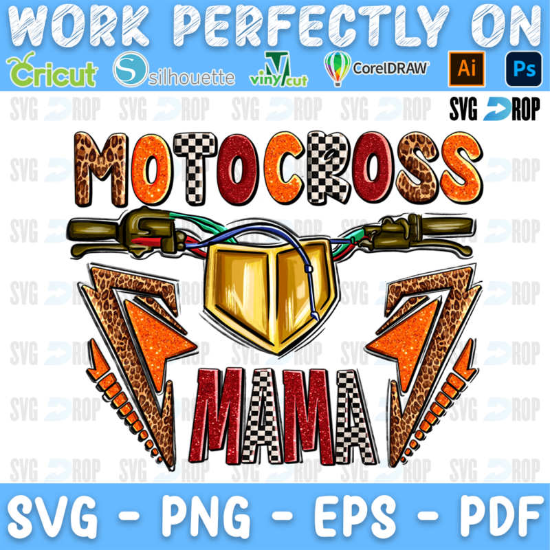 Motocross Mama lettering in orange, checkered and leopard letters with dirt bike handlebars and a gold plate. Sublimation PNG