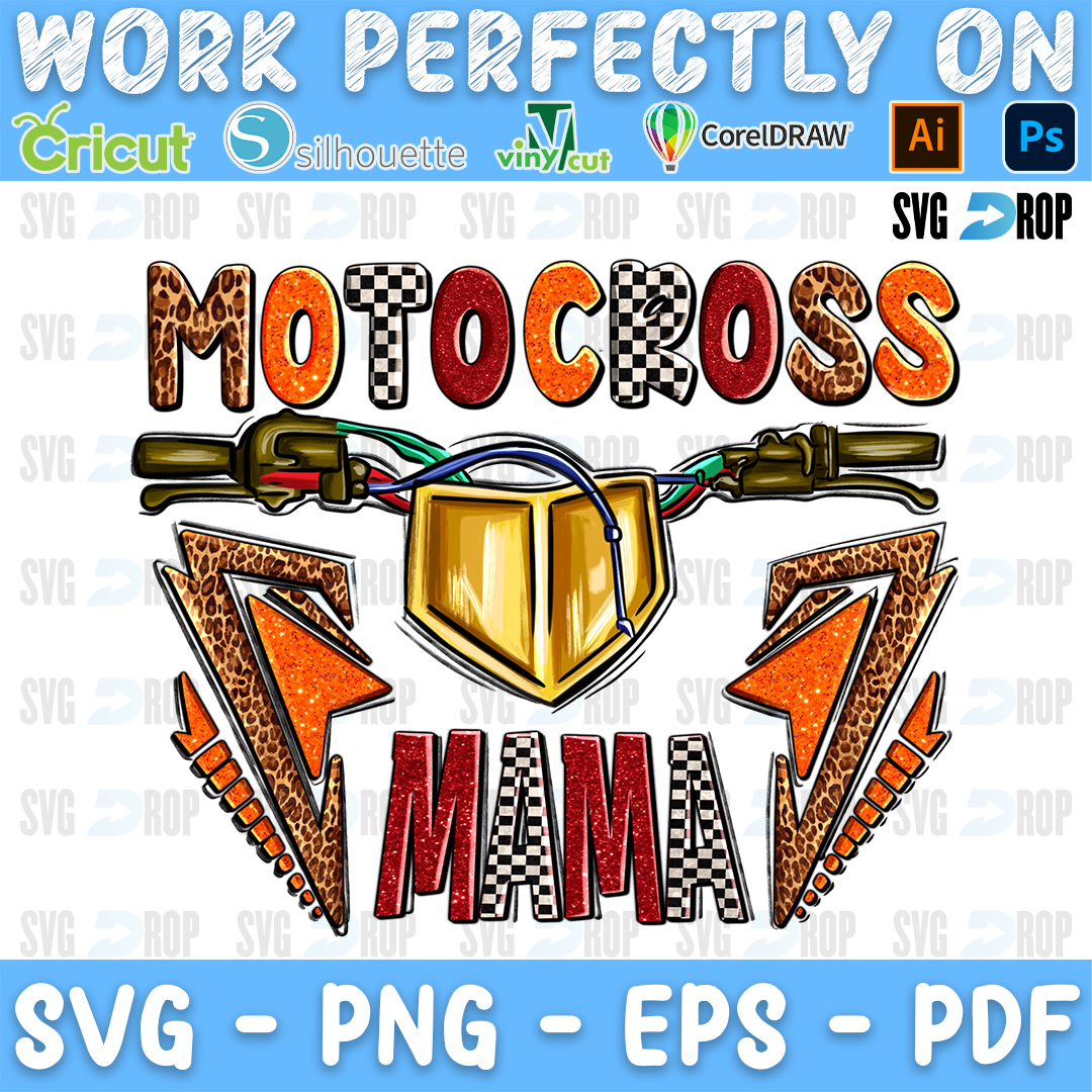 Motocross Mama lettering in orange, checkered and leopard letters with dirt bike handlebars and a gold plate. Sublimation PNG
