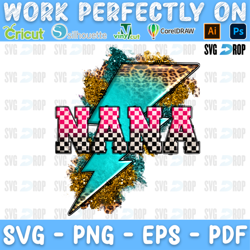 Nana lettering in pink checkered letters on a turquoise and leopard lightning bolt with gold glitter. Sublimation PNG