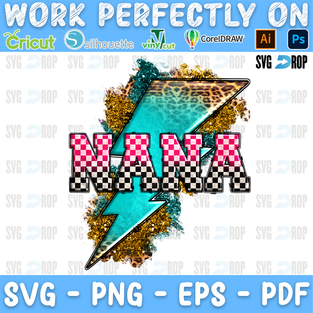 Nana lettering in pink checkered letters on a turquoise and leopard lightning bolt with gold glitter. Sublimation PNG