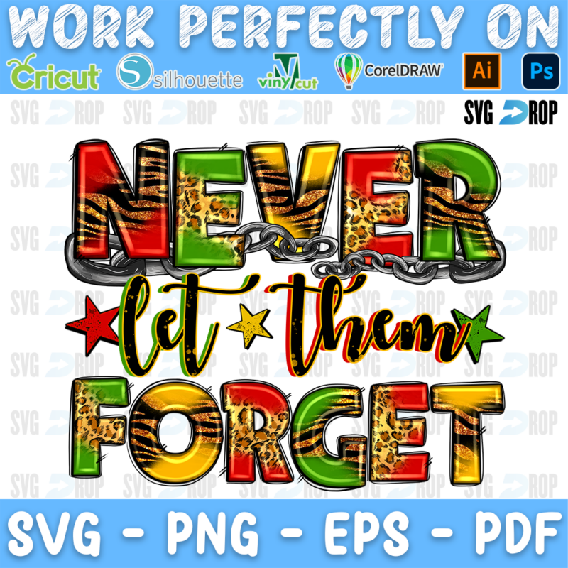Never Let Them Forget lettering in red, yellow, green and tiger print letters with broken chains and stars. Sublimation PNG