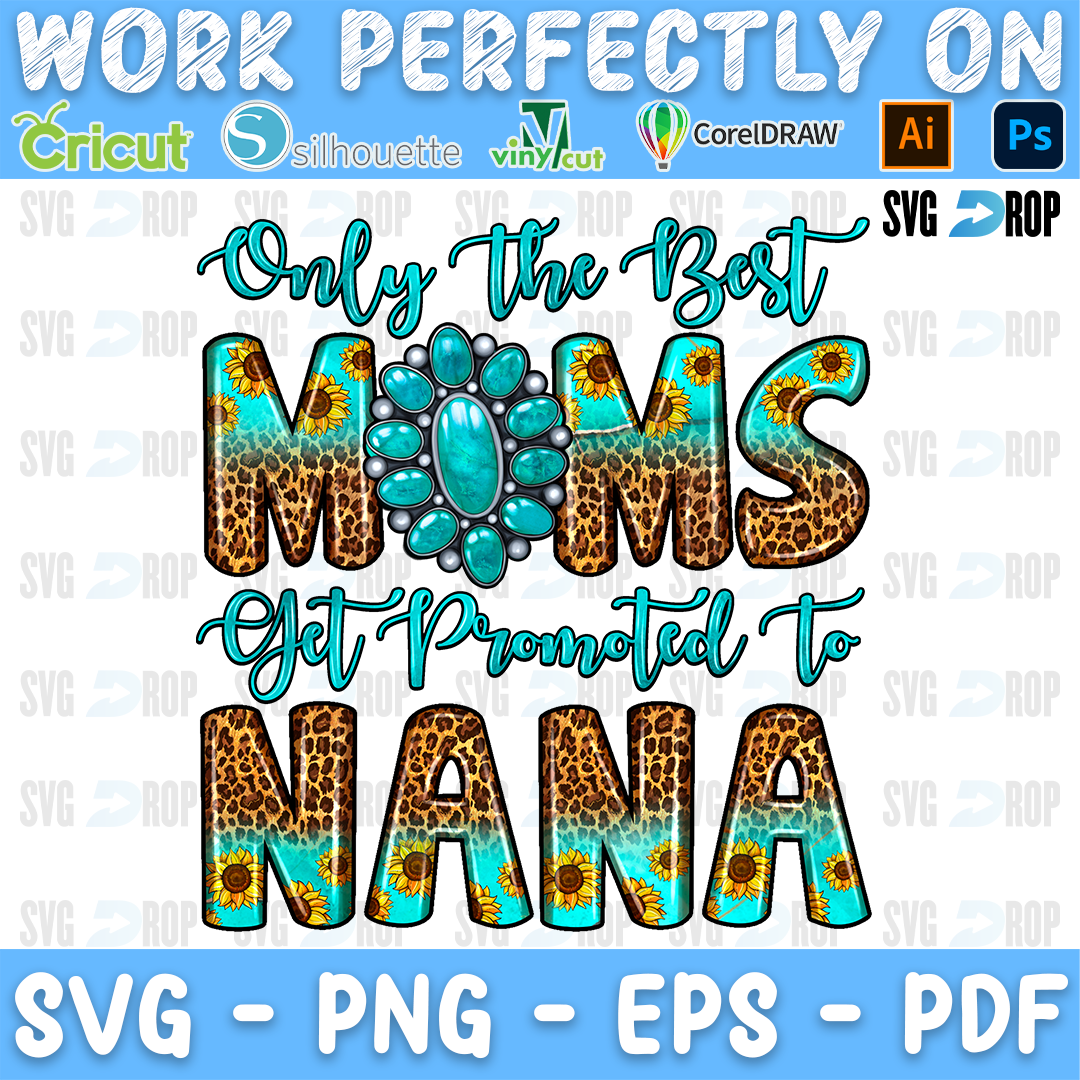 Only the Best Moms Get Promoted to Nana lettering in turquoise script and leopard letters with a turquoise squash blossom. Sublimation PNG