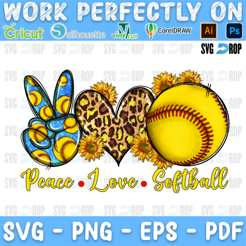 Peace Love Softball lettering in yellow script with a softball peace sign, a leopard heart, a softball and sunflowers. Sublimation PNG