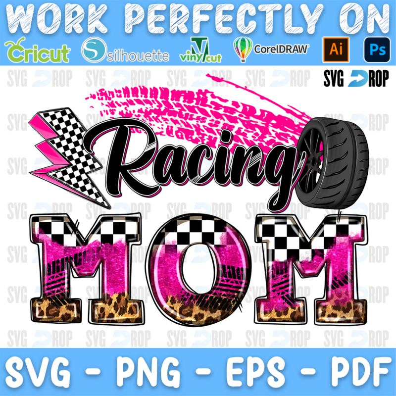 A racing mom design: Racing in black script over a pink tire track, a tire and a checkered bolt, above Mom in pink checkered. Sublimation PNG