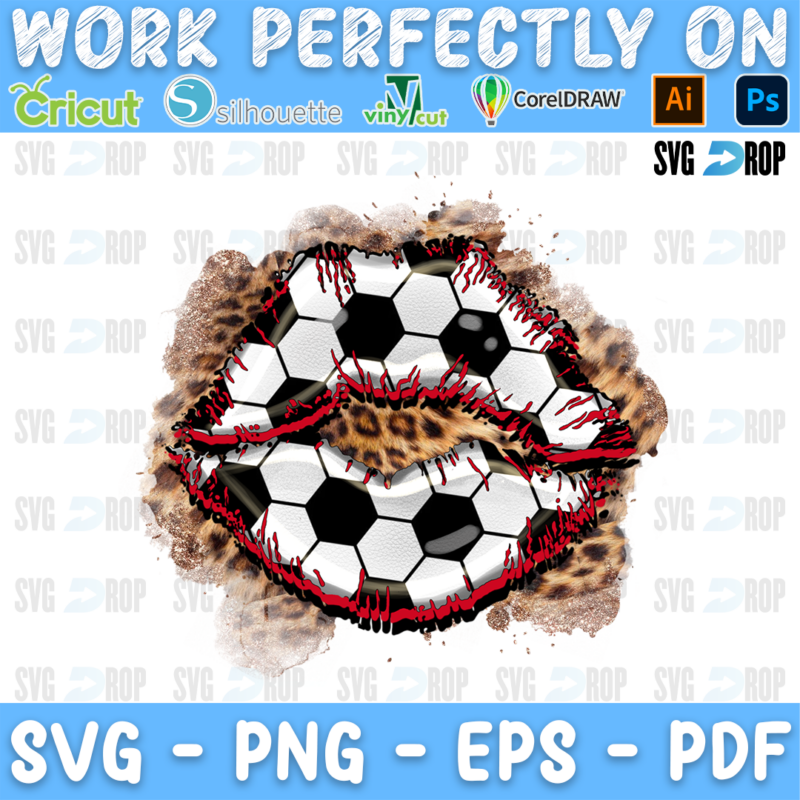 Lips made of black and white soccer ball pattern with red edges on a leopard splash. Sublimation PNG