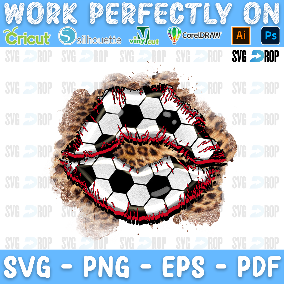 Lips made of black and white soccer ball pattern with red edges on a leopard splash. Sublimation PNG