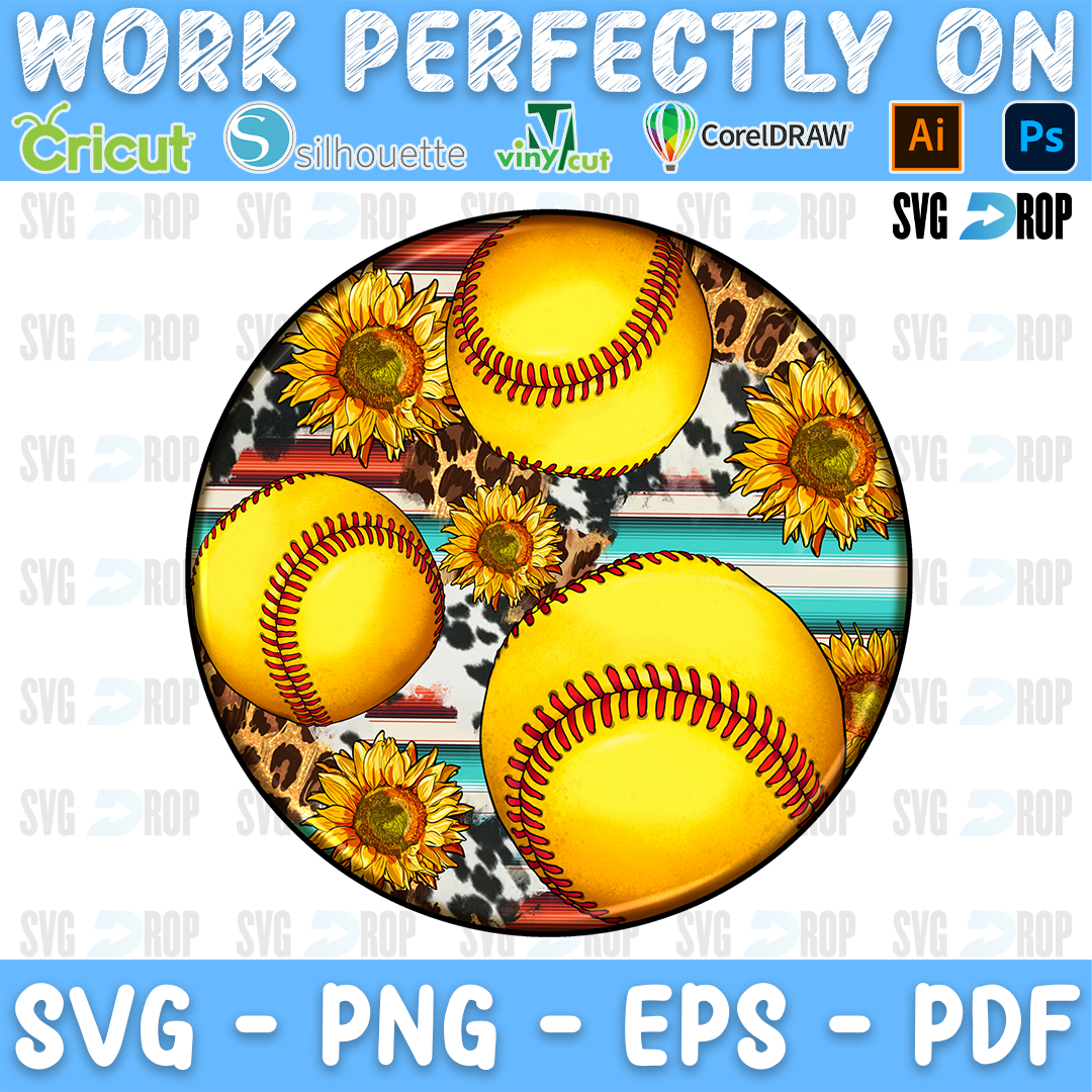 A round western softball car coaster design: yellow softballs with red stitching among sunflowers, with leopard print, cowhide. Sublimation PNG