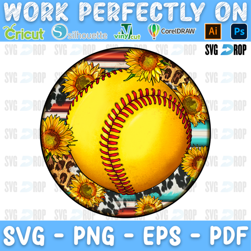 A round western softball car coaster design: one large yellow softball filling the circle, with sunflowers, leopard print and serape. Sublimation PNG