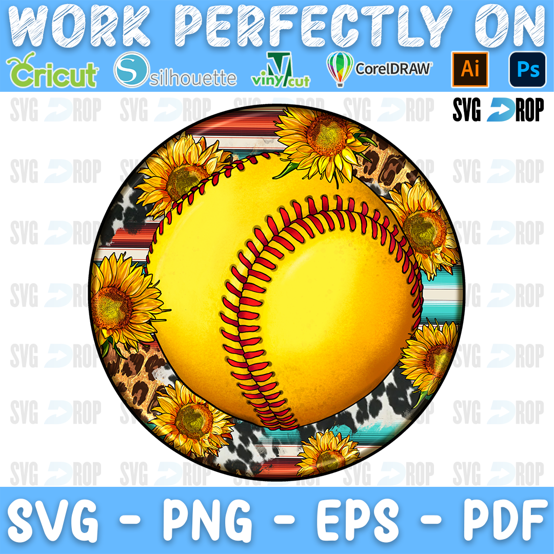 A round western softball car coaster design: one large yellow softball filling the circle, with sunflowers, leopard print and serape. Sublimation PNG