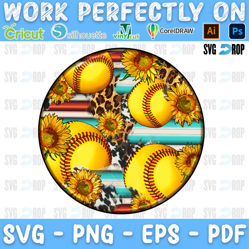 A round western softball car coaster design: several yellow softballs scattered between sunflowers, with leopard print, cowhide. Sublimation PNG