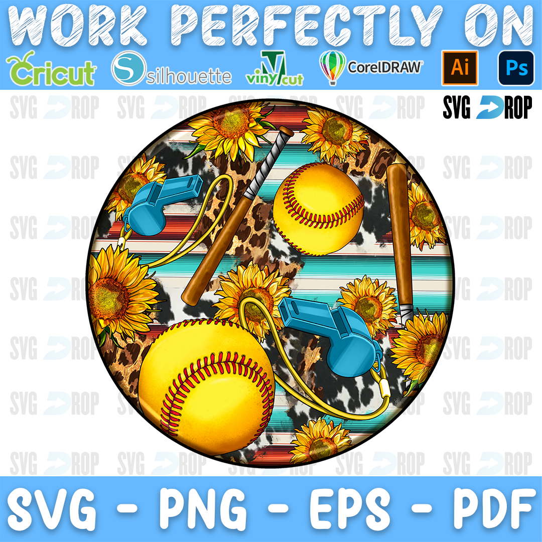 A round western softball car coaster design: yellow softballs, wooden bats and blue whistles among sunflowers, leopard print. Sublimation PNG
