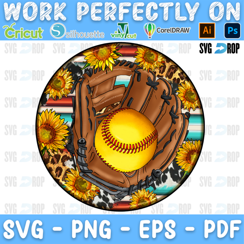 A round western softball car coaster design: a brown leather glove holding a yellow softball, framed by sunflowers, serape stripes. Sublimation PNG
