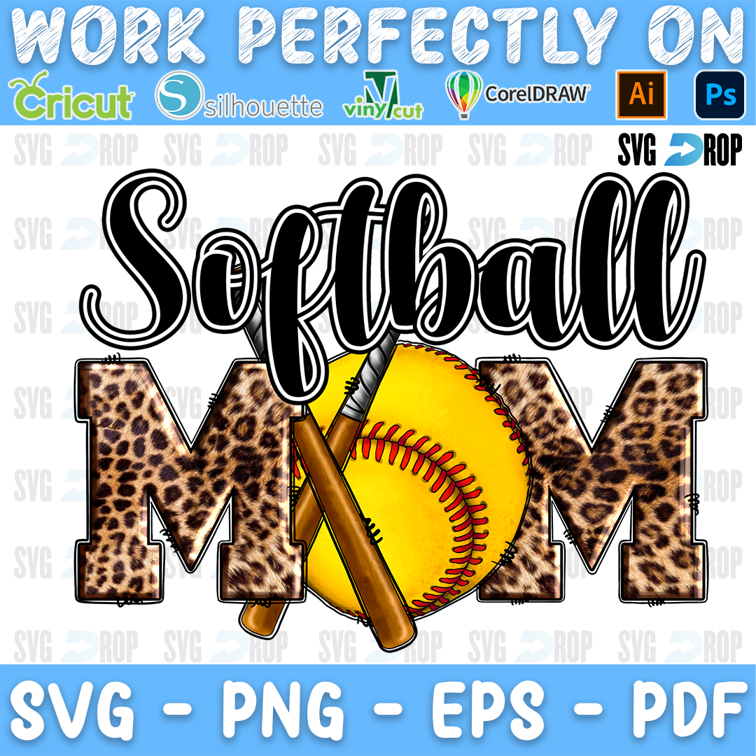 Softball Mom Leopard Bat Lettering PNG