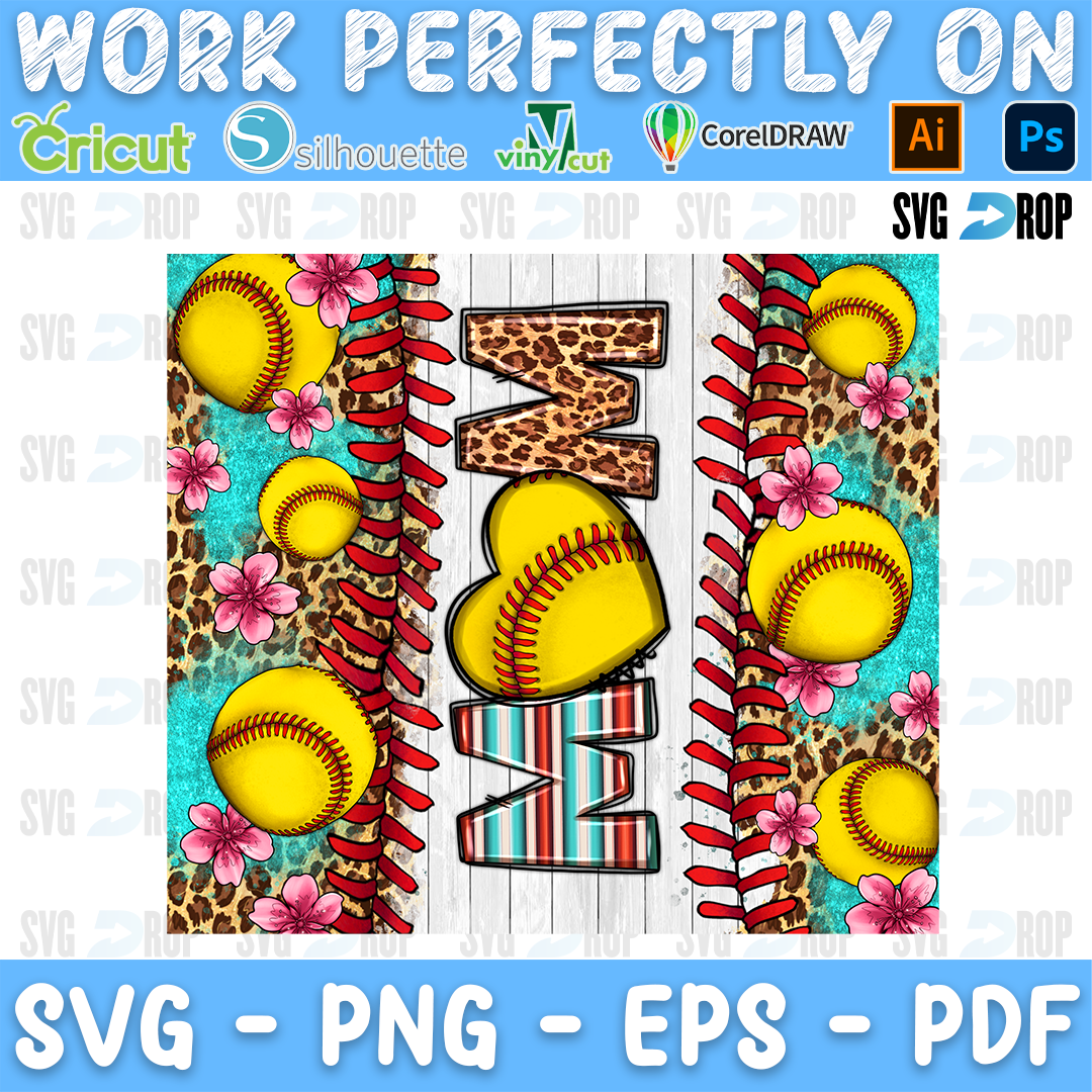 Softball Mom Stitches and Flowers Background PNG