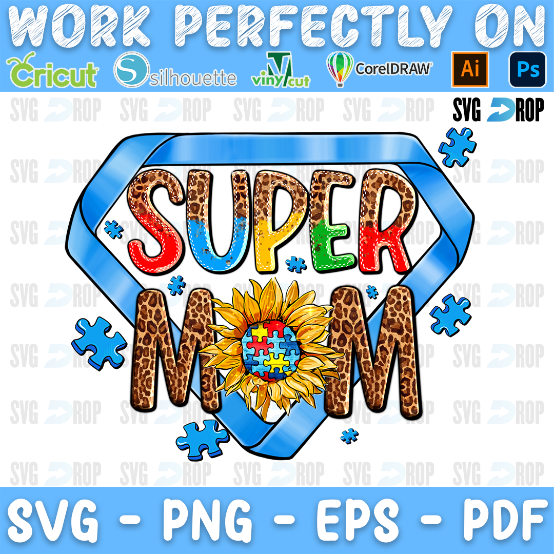 Super Mom lettering in puzzle and leopard letters with a puzzle sunflower on a blue superhero shield. Sublimation PNG