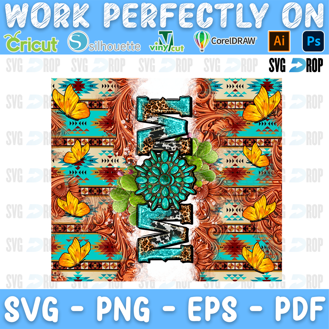 Mom lettering in vertical turquoise letters with a squash blossom on tooled leather, Aztec pattern and gold butterflies. Sublimation PNG
