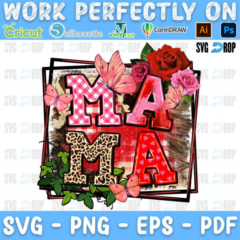 A Valentine’s Day mom design: Mama in pink gingham, leopard and red heart patterned letters inside a square frame with red roses. Sublimation PNG
