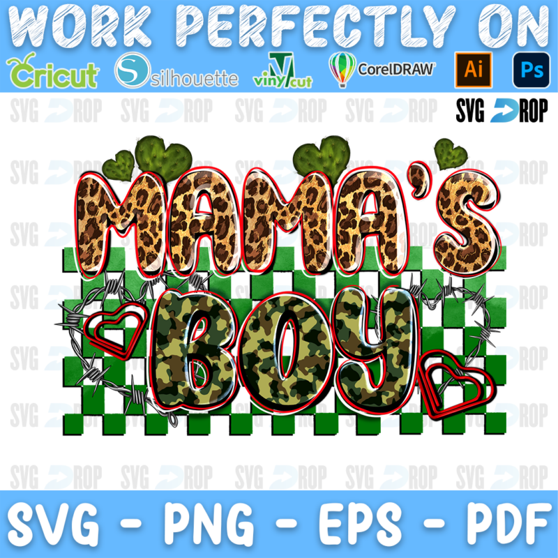 Mama's Boy lettering in leopard and green camo letters with shamrocks and barbed wire hearts on a green checkered background. Sublimation PNG