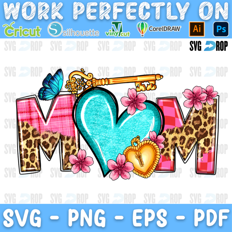 Mom lettering in pink plaid and leopard letters with a turquoise heart, a gold key, a gold heart lock and pink flowers. Sublimation PNG