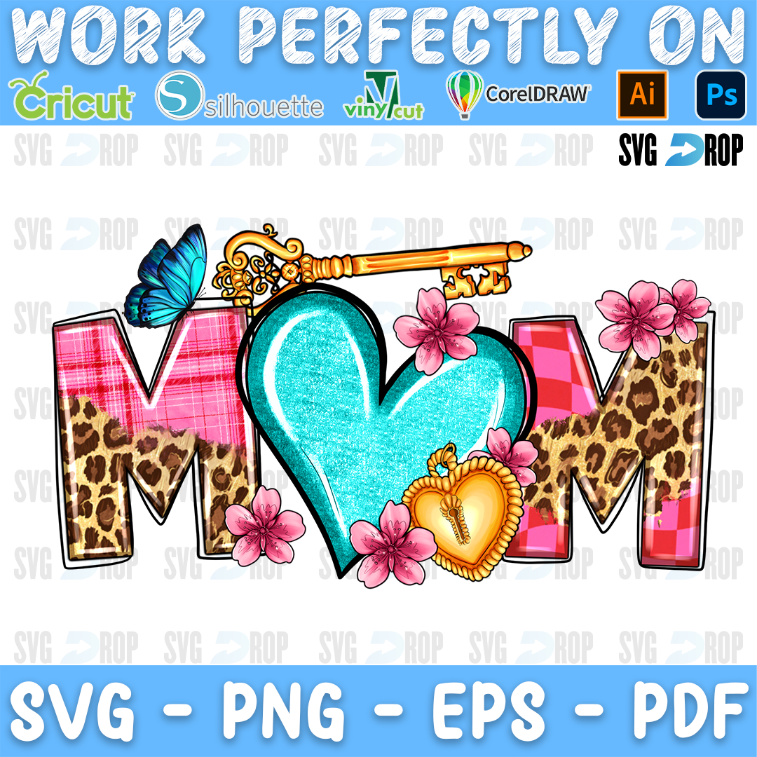 Mom lettering in pink plaid and leopard letters with a turquoise heart, a gold key, a gold heart lock and pink flowers. Sublimation PNG