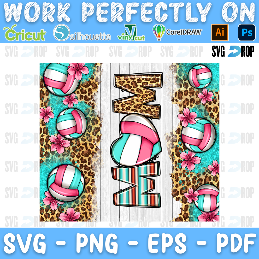 Mom lettering in vertical letters with volleyballs, turquoise and pink flowers on white wood and leopard. Sublimation PNG