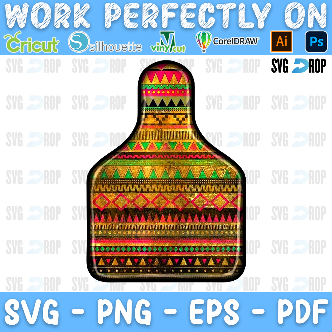 A western cow tag design: an ear tag shape filled with a colorful aztec tribal pattern in orange, red, green and gold, with a dark. Sublimation PNG