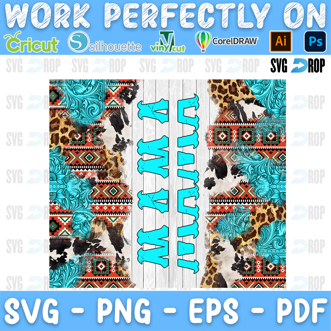 MAMA in tall turquoise letters on a western collage of cowhide, leopard print, tooled turquoise leather and serape stripes. Sublimation PNG