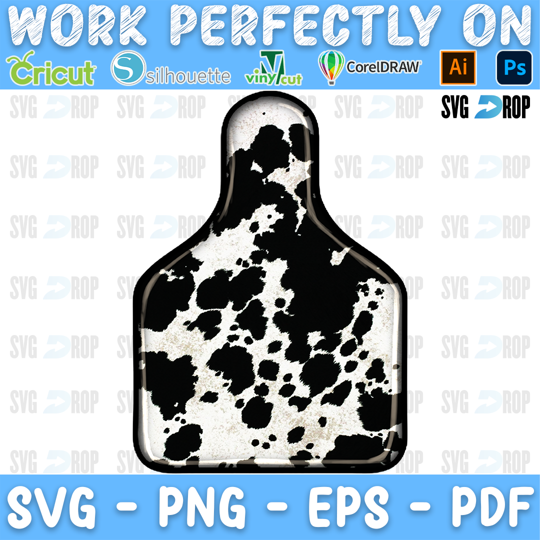 A western cow tag design: an ear tag shape filled with black and white cowhide spots and finished with a dark outline. Sublimation PNG