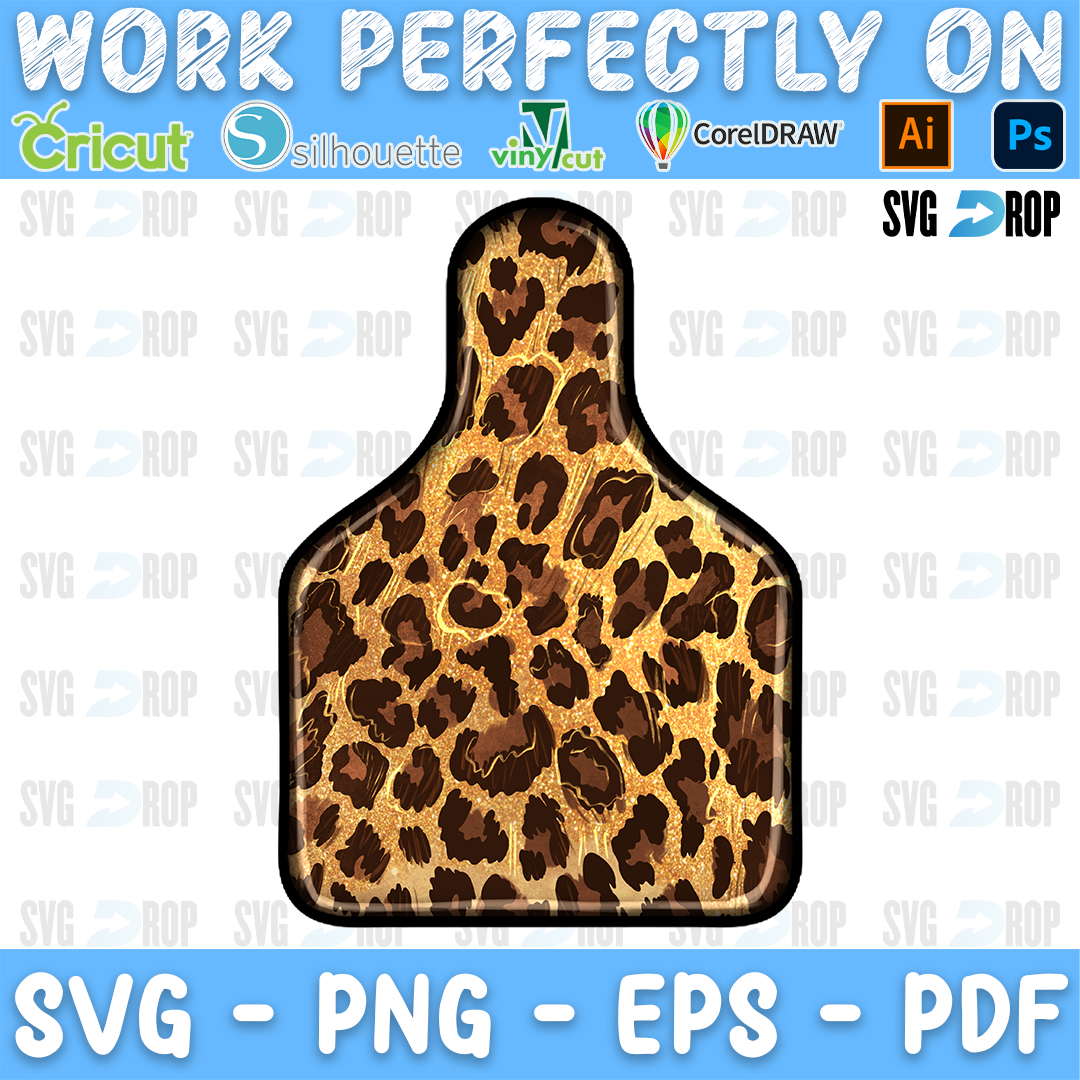 A western cow tag design: an ear tag shape filled with golden leopard print and finished with a dark outline. Sublimation PNG