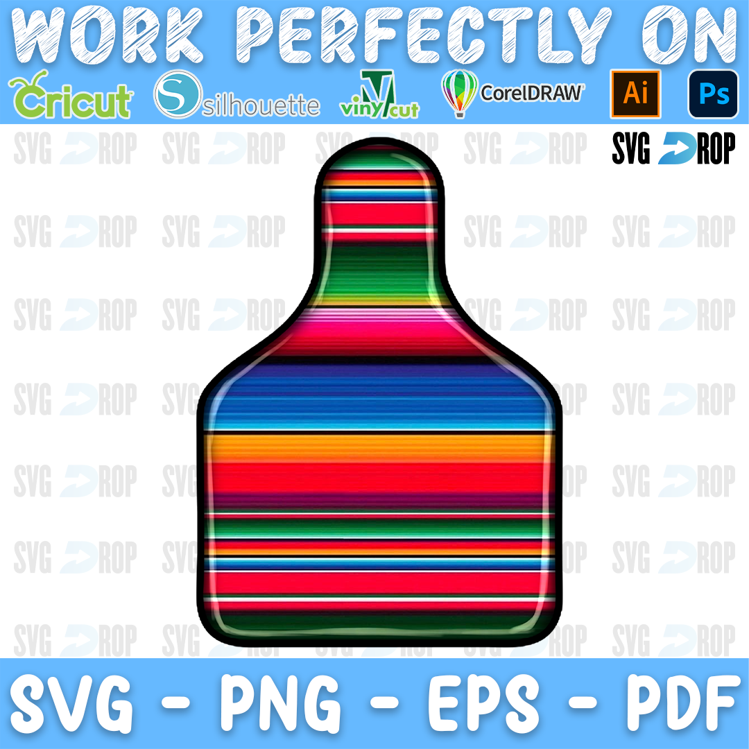 A western cow tag design: an ear tag shape filled with bright serape stripes in red, orange, blue, green and pink, with a dark. Sublimation PNG