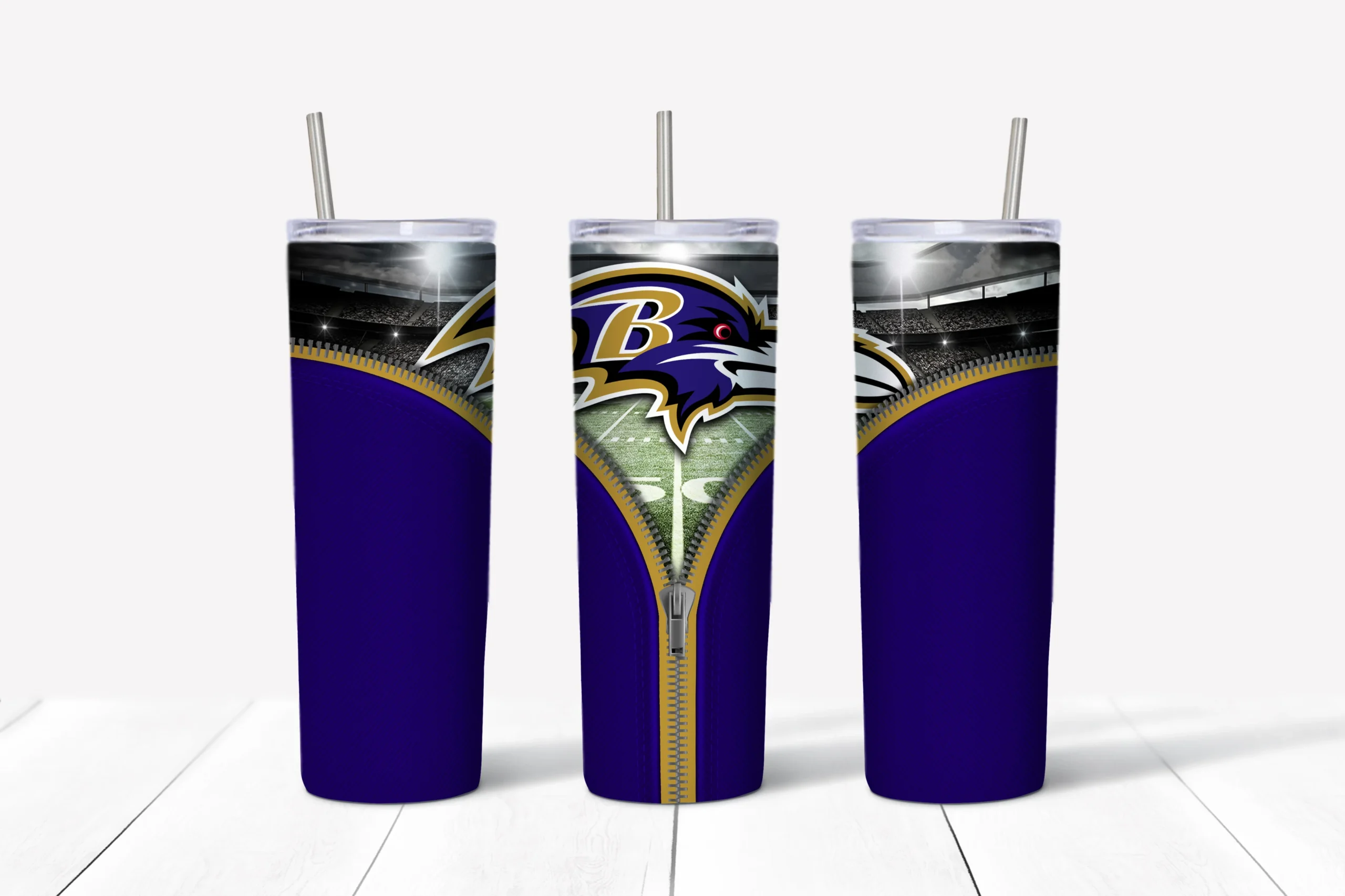 A 20 oz skinny tumbler wrap for Baltimore Ravens fans: a purple background with an open zipper revealing the raven B logo. Sublimation design
