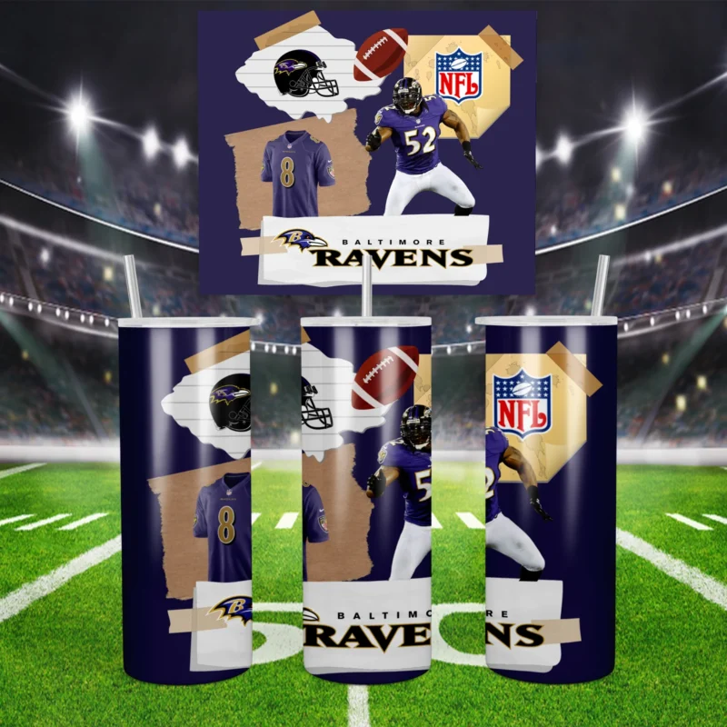 A 20 oz skinny tumbler wrap for Baltimore Ravens fans: a torn paper collage of players, a helmet, a football, the NFL shield. Sublimation design
