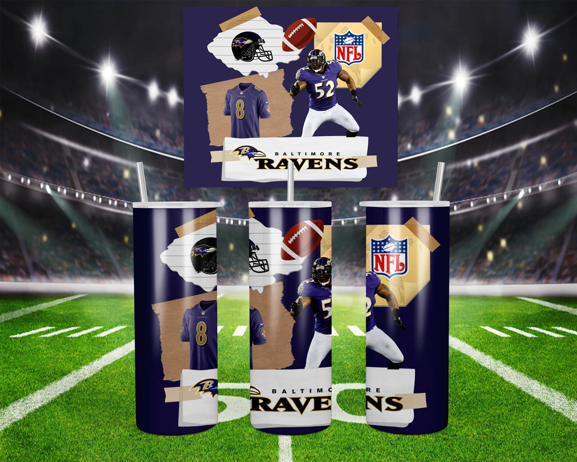 A 20 oz skinny tumbler wrap for Baltimore Ravens fans: a torn paper collage of players, a helmet, a football, the NFL shield. Sublimation design