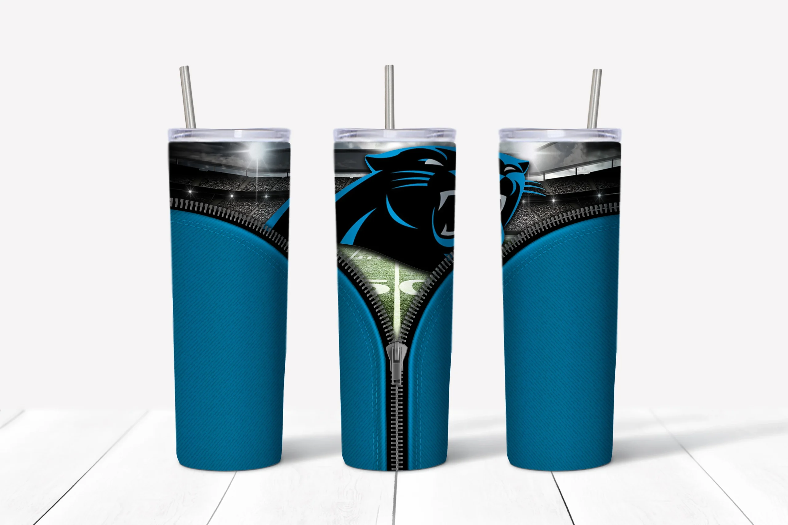 A 20 oz skinny tumbler wrap for Carolina Panthers fans: a light blue background with an open zipper revealing the black panther. Sublimation design