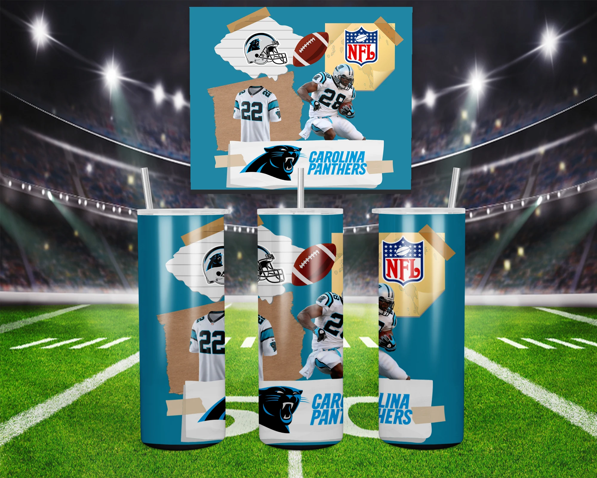 A 20 oz skinny tumbler wrap for Carolina Panthers fans: a torn paper collage of players, a helmet, a football, the NFL shield. Sublimation design