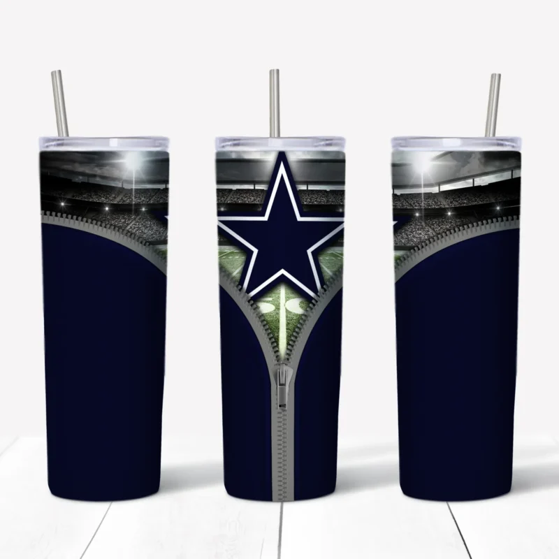 A 20 oz skinny tumbler wrap for Dallas Cowboys fans: a navy background with an open zipper revealing the blue star logo. Sublimation design