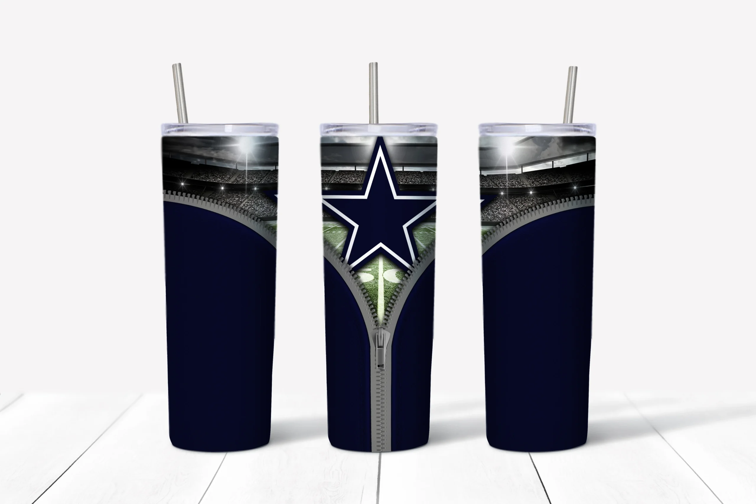 A 20 oz skinny tumbler wrap for Dallas Cowboys fans: a navy background with an open zipper revealing the blue star logo. Sublimation design