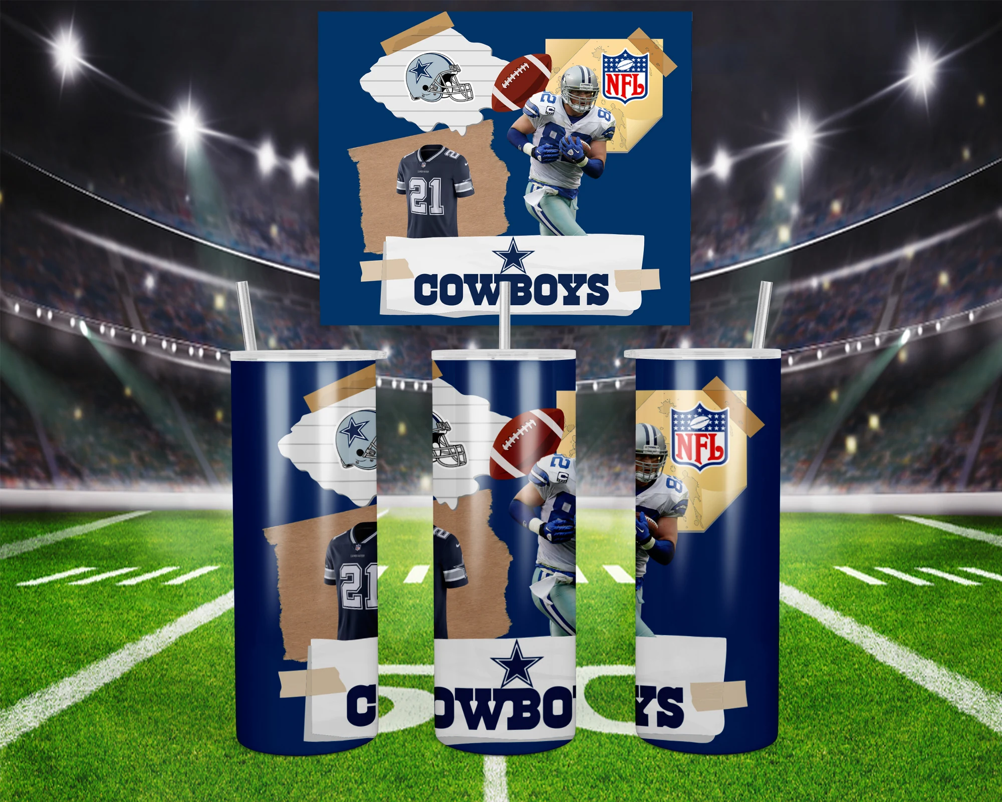 A 20 oz skinny tumbler wrap for Dallas Cowboys fans: a torn paper collage of players, a helmet, a football, the NFL shield. Sublimation design