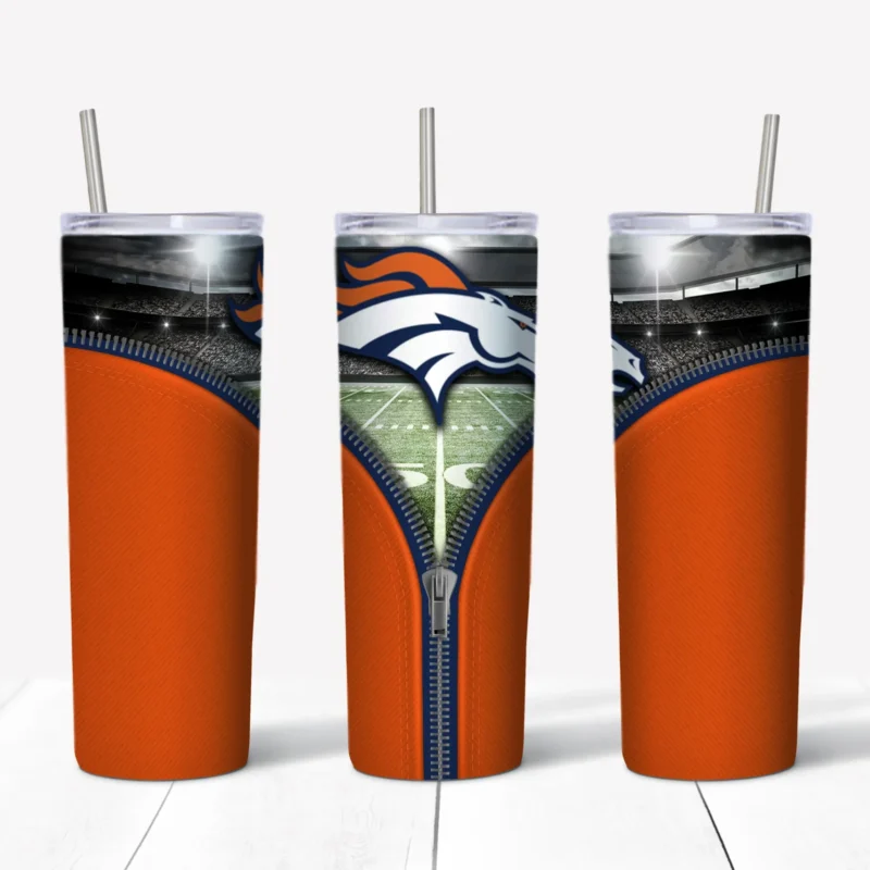 A 20 oz skinny tumbler wrap for Denver Broncos fans: an orange background with an open zipper revealing the horse head logo. Sublimation design