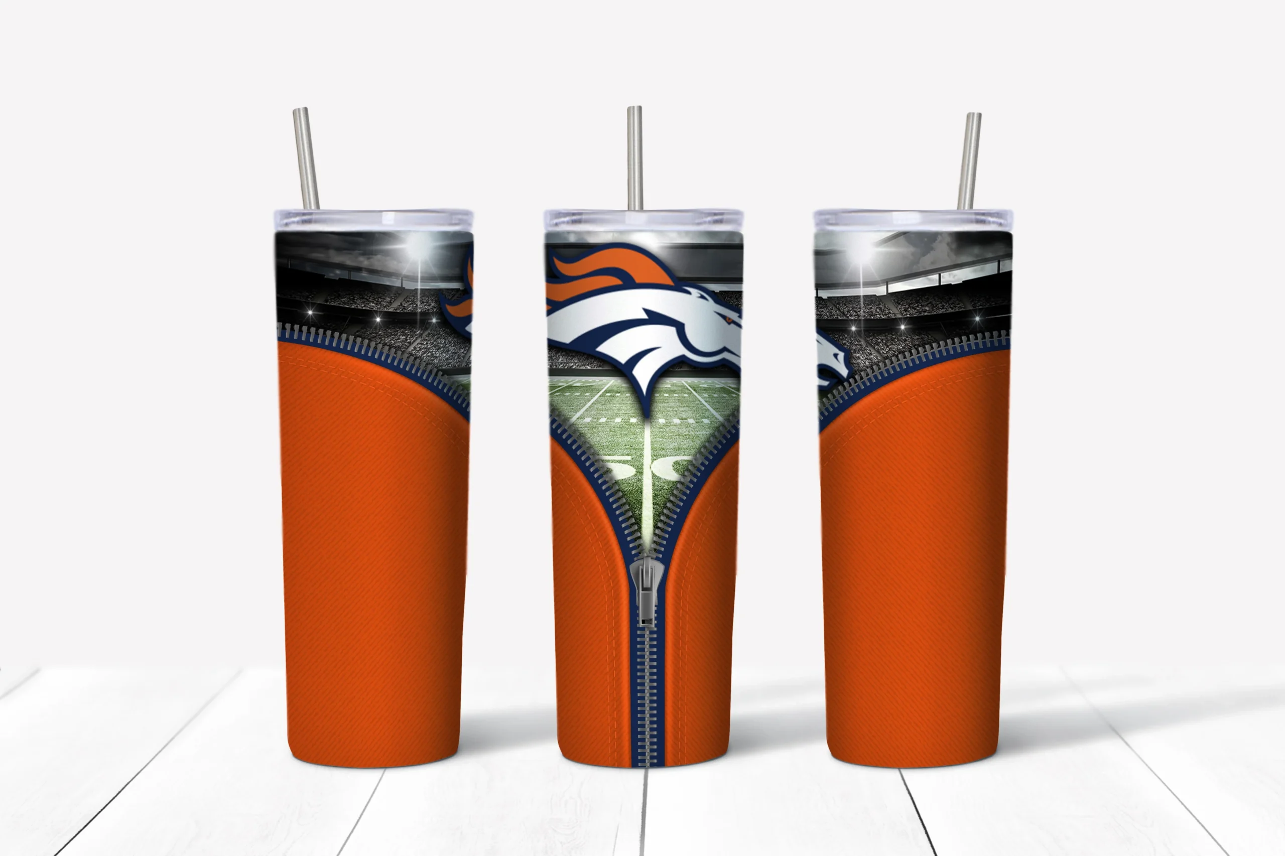 A 20 oz skinny tumbler wrap for Denver Broncos fans: an orange background with an open zipper revealing the horse head logo. Sublimation design