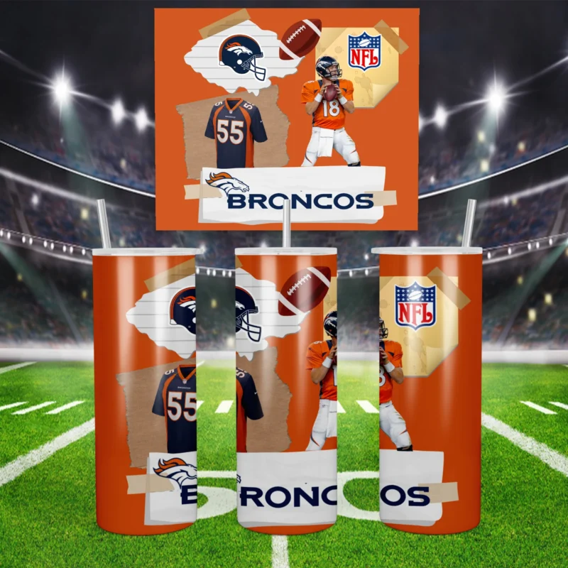 A 20 oz skinny tumbler wrap for Denver Broncos fans: a torn paper collage of players, a helmet, a football, the NFL shield. Sublimation design