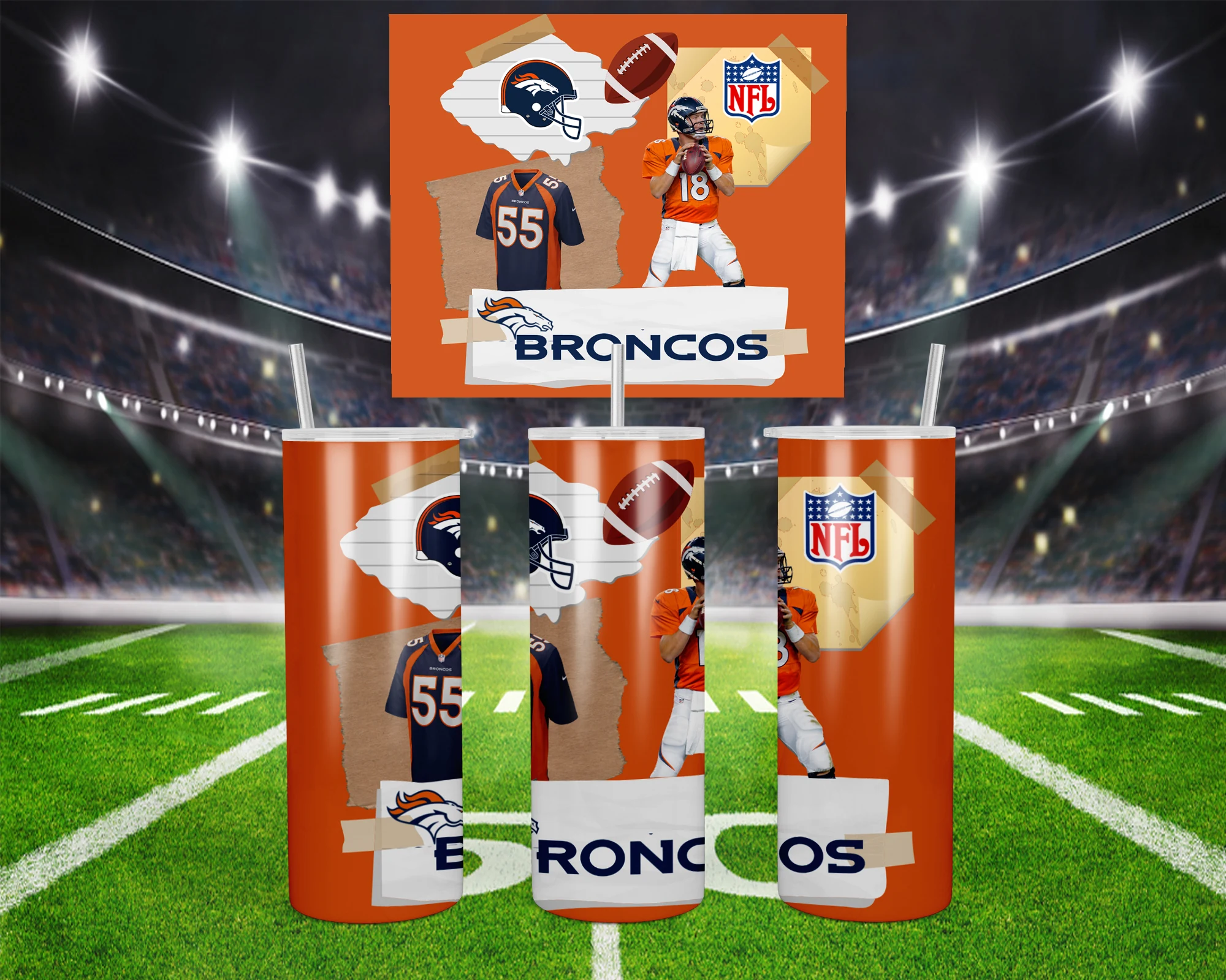 A 20 oz skinny tumbler wrap for Denver Broncos fans: a torn paper collage of players, a helmet, a football, the NFL shield. Sublimation design