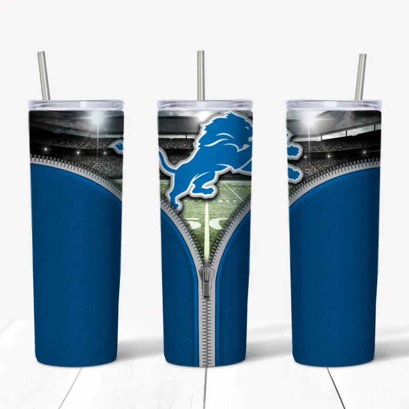 A 20 oz skinny tumbler wrap for Detroit Lions fans: a Honolulu blue background with an open zipper revealing the leaping lion logo. Sublimation design