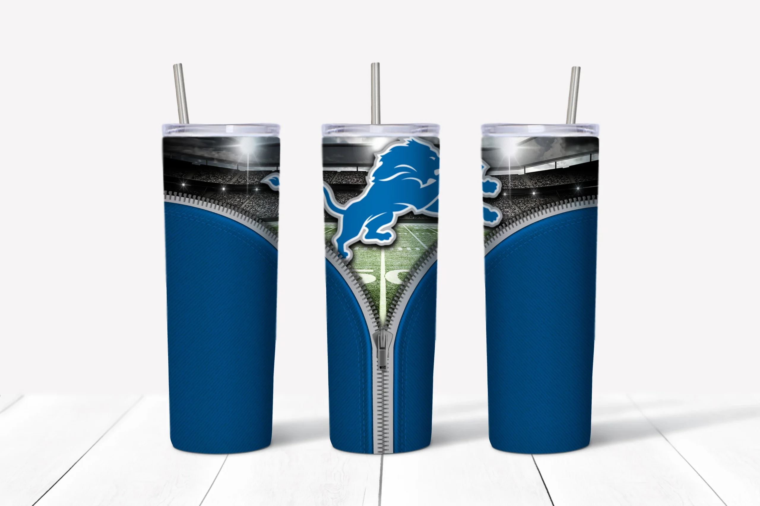 A 20 oz skinny tumbler wrap for Detroit Lions fans: a Honolulu blue background with an open zipper revealing the leaping lion logo. Sublimation design