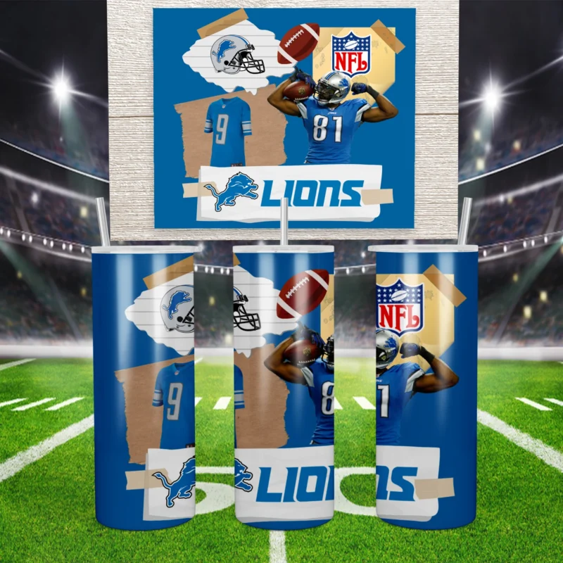 A 20 oz skinny tumbler wrap for Detroit Lions fans: a torn paper collage of players, a helmet, a football, the NFL shield. Sublimation design