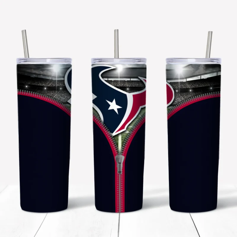 A 20 oz skinny tumbler wrap for Houston Texans fans: a dark navy background with red trim and an open zipper revealing the bull. Sublimation design
