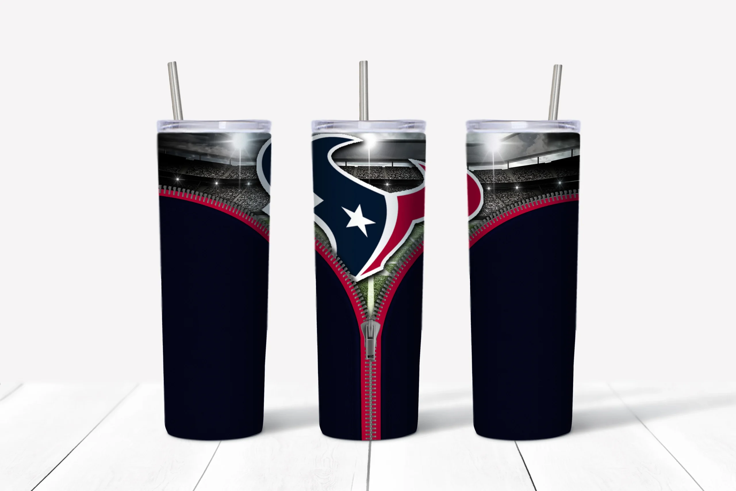 A 20 oz skinny tumbler wrap for Houston Texans fans: a dark navy background with red trim and an open zipper revealing the bull. Sublimation design